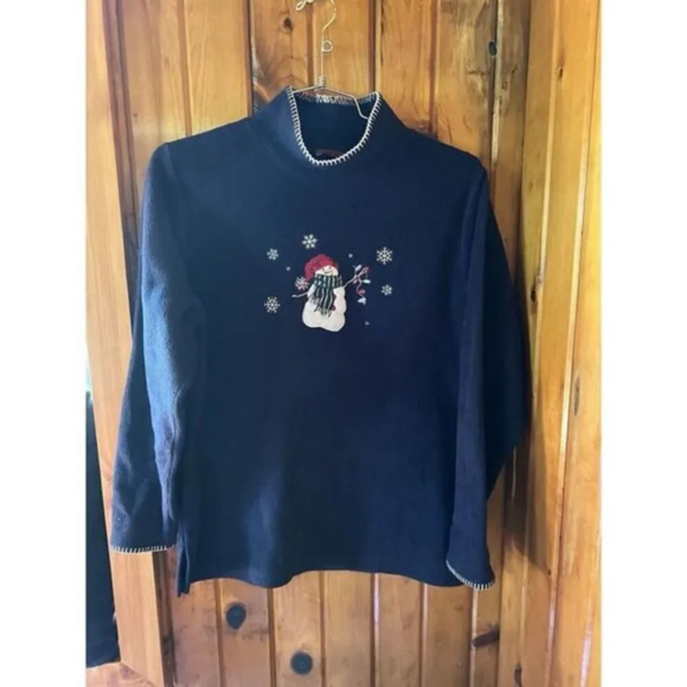 Cozy Navy Blue‎ Snowman Turtleneck Sweater Winter Holiday Festive Top